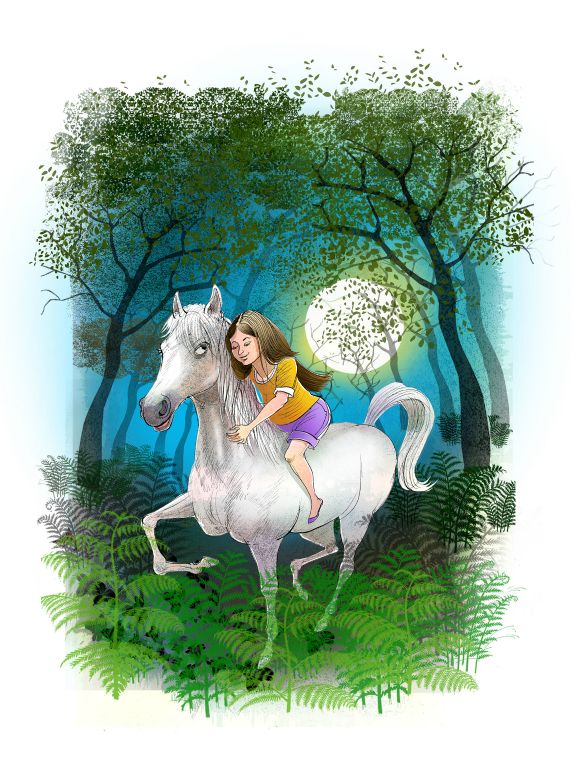 Girl riding her horse in the woods