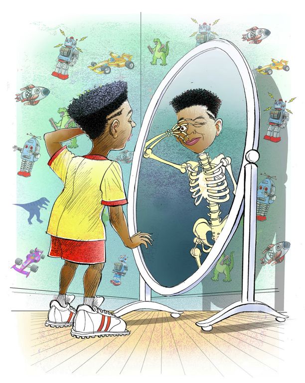 Boy in front of the mirror with a distorted view of himself. He sees a skeloton of his body in the mirror!