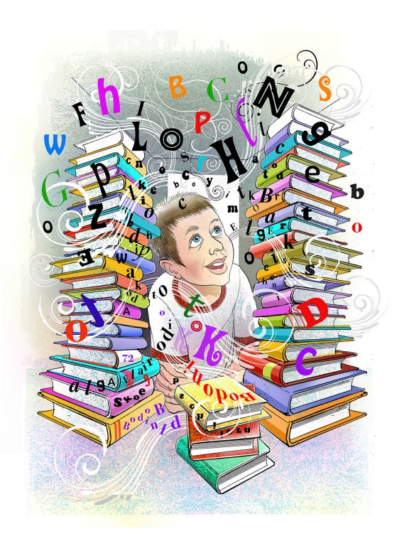 Boy with so many books to read the letters of the words become all jumbled up.