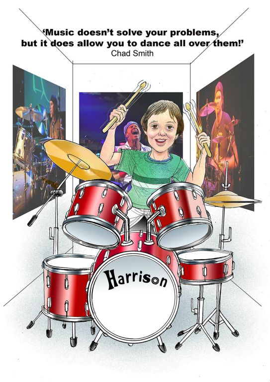 Boy playing Harrison drum kit and saying that music doesn't solve your problems but it does allow you to dance all over them!