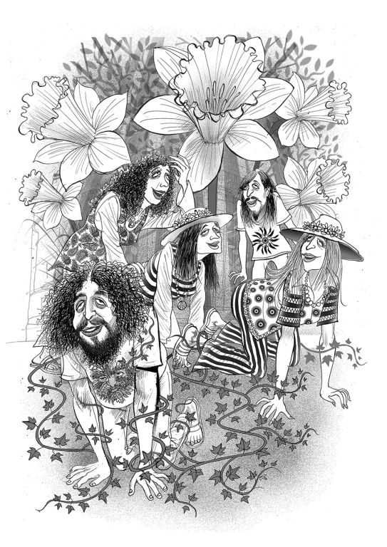 Lots of hippies are feeling strange next to weird large flowers and ivy!