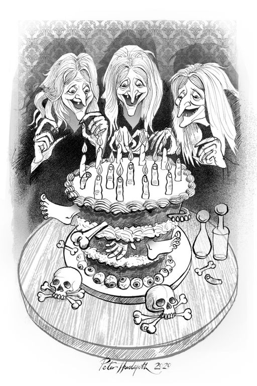 Three witches are celebrating a bithday using the body parts of other people!
