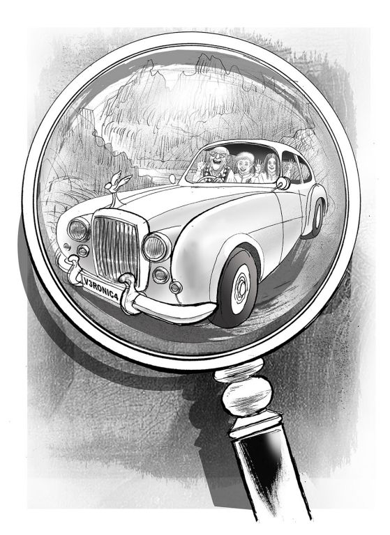 Mazik and friends go for a drive in a posh rolls royce car. As seen through a magnifying glass.