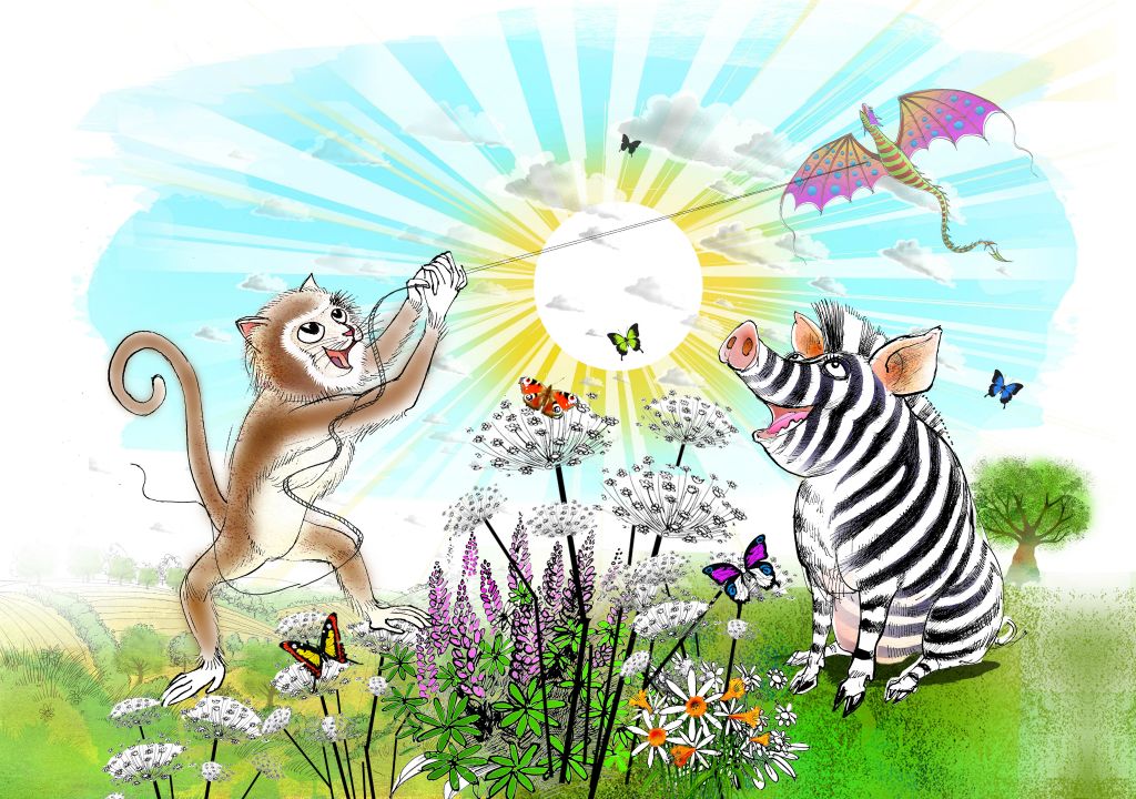 Monkey-cat and zebra-pig are flying a dragon kite!