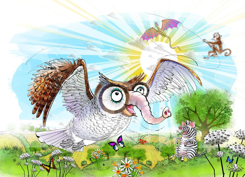 Elephant-owl can see Monkey-cat is now flying with the dragon kite!