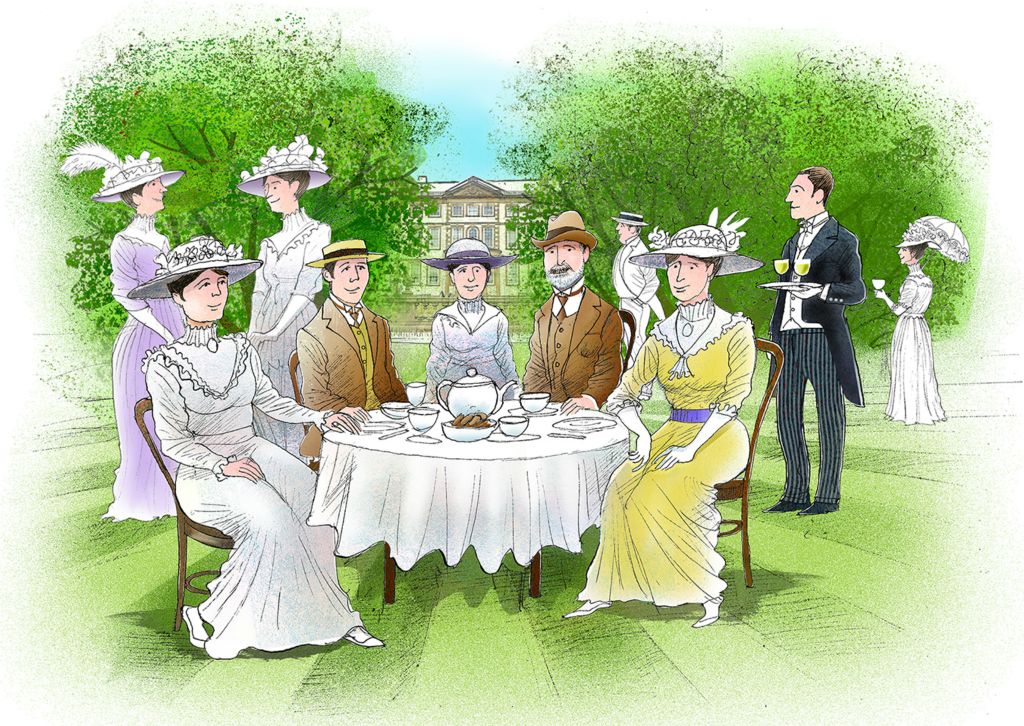 Well to do high society welthy people get together to have afternoon tea at sewerby hall.