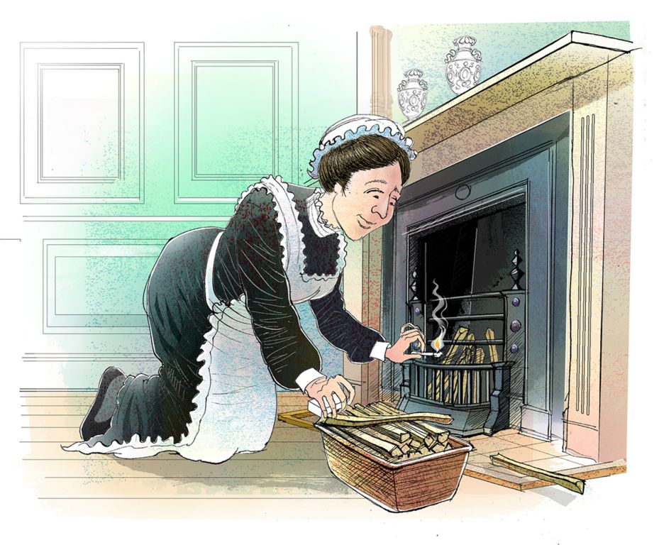 Maid lighting a fire in the drawing room as requested.