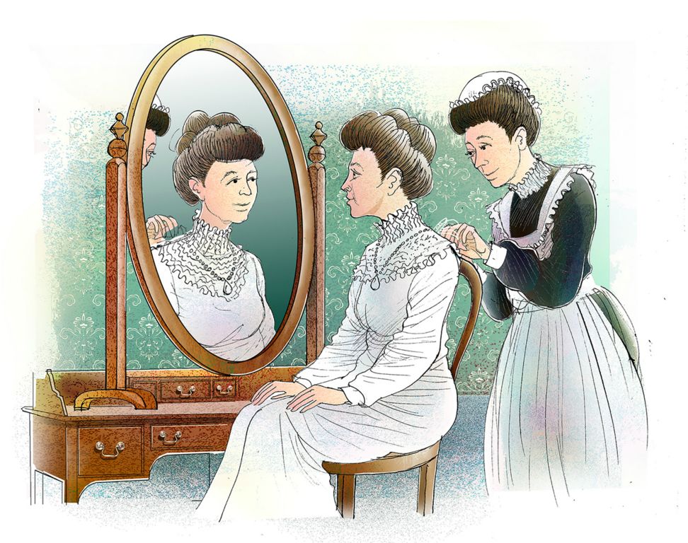 A maid helping to stitch a dress onto the lady of the house, in front of a mirror.