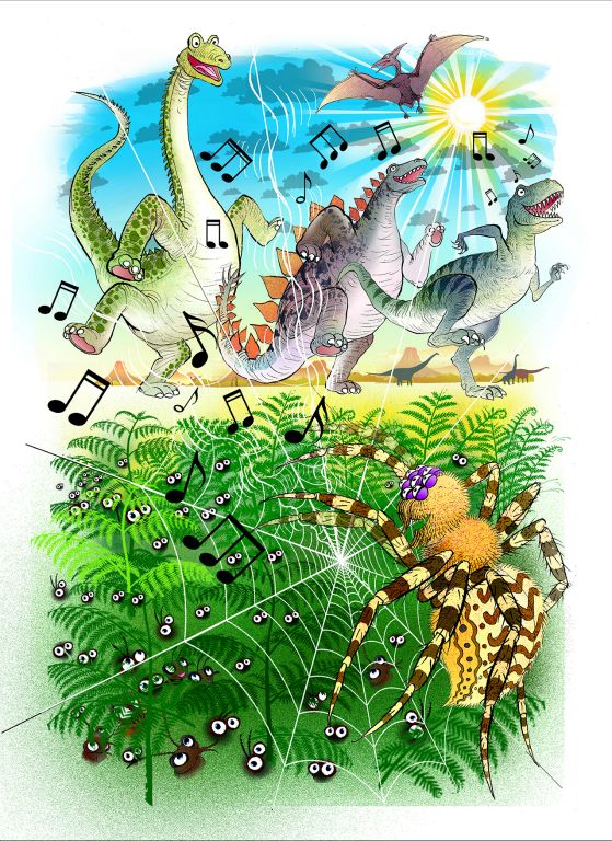 Dinosaurs love dancing to the music as Spider  feels the vibrations on her web